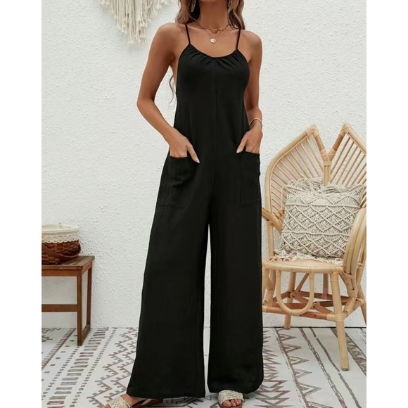Black Wide Leg Jumpsuit Spaghetti Strap Jumper with Pockets Nwt - Picture 5 of 6